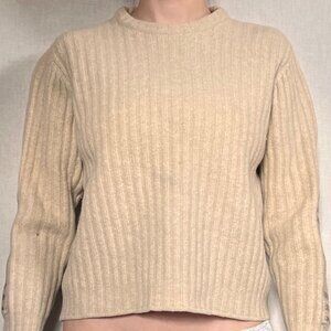 Merino Wool Burberry Ribbed Ivory Sweater with Tweed Patches